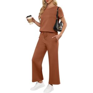 image:imageANRABESS Women 2 Piece Lounge Sets Summer Travel Sweat Outfits Short Sleeve Wide Leg Casual Matching Tracksuits ClothesRust