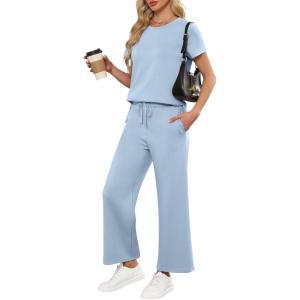 image:imageANRABESS Women 2 Piece Lounge Sets Summer Travel Sweat Outfits Short Sleeve Wide Leg Casual Matching Tracksuits ClothesSky Blue
