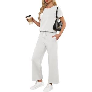 image:imageANRABESS Women 2 Piece Lounge Sets Summer Travel Sweat Outfits Short Sleeve Wide Leg Casual Matching Tracksuits ClothesWhite