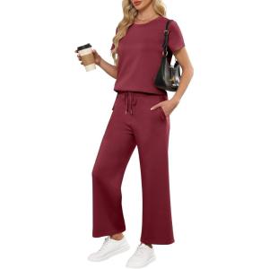 image:imageANRABESS Women 2 Piece Lounge Sets Summer Travel Sweat Outfits Short Sleeve Wide Leg Casual Matching Tracksuits ClothesWine Red