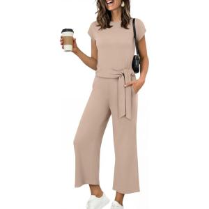 image:imageANRABESS Women 2 Piece Outfits 2026 Summer Lounge Sets Cap Sleeve Tie Waisted Top Wide Leg Pant Airport Vacation Travel SetsAlmond