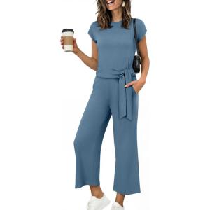 image:imageANRABESS Women 2 Piece Outfits 2026 Summer Lounge Sets Cap Sleeve Tie Waisted Top Wide Leg Pant Airport Vacation Travel SetsGrey Blue