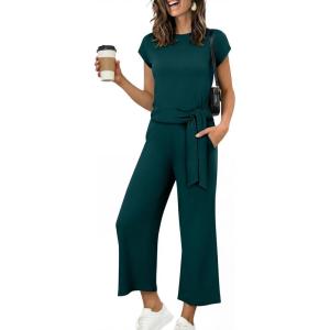 image:imageANRABESS Women 2 Piece Outfits 2026 Summer Lounge Sets Cap Sleeve Tie Waisted Top Wide Leg Pant Airport Vacation Travel SetsLake Green