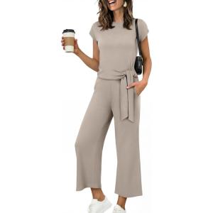 image:imageANRABESS Women 2 Piece Outfits 2026 Summer Lounge Sets Cap Sleeve Tie Waisted Top Wide Leg Pant Airport Vacation Travel SetsLight Khaki