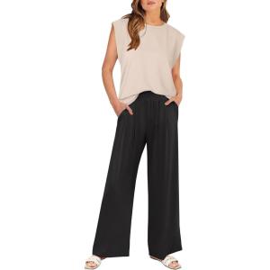 image:imageANRABESS Women 2 Piece Outfits Tank Top amp Palazzo Pants 2026 Summer Lounge Matching Sets Travel Vacation Beach ClothingAlmond