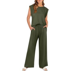 image:imageANRABESS Women 2 Piece Outfits Tank Top amp Palazzo Pants 2026 Summer Lounge Matching Sets Travel Vacation Beach ClothingDark Green