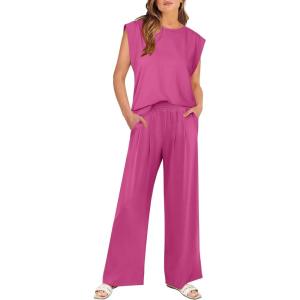 image:imageANRABESS Women 2 Piece Outfits Tank Top amp Palazzo Pants 2026 Summer Lounge Matching Sets Travel Vacation Beach ClothingHot Pink