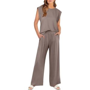 image:imageANRABESS Women 2 Piece Outfits Tank Top amp Palazzo Pants 2026 Summer Lounge Matching Sets Travel Vacation Beach ClothingLight Brown