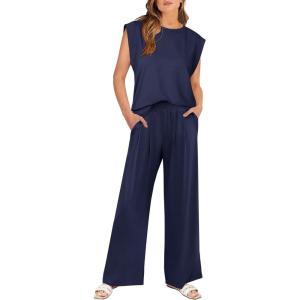 image:imageANRABESS Women 2 Piece Outfits Tank Top amp Palazzo Pants 2026 Summer Lounge Matching Sets Travel Vacation Beach ClothingNavy Blue