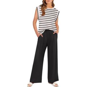 image:imageANRABESS Women 2 Piece Outfits Tank Top amp Palazzo Pants 2026 Summer Lounge Matching Sets Travel Vacation Beach ClothingStripe Black and White