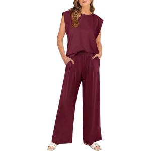 image:imageANRABESS Women 2 Piece Outfits Tank Top amp Palazzo Pants 2026 Summer Lounge Matching Sets Travel Vacation Beach ClothingWine Red