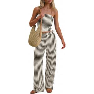 image:imageANRABESS Women 2 Piece Sets Summer Striped Outfits Matching Tube Top Wide Leg Lounge Pants 2026 Travel Beach Vacation ClothesBeige Black Stripe