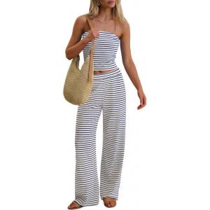 image:imageANRABESS Women 2 Piece Sets Summer Striped Outfits Matching Tube Top Wide Leg Lounge Pants 2026 Travel Beach Vacation ClothesBeige Blue Stripe