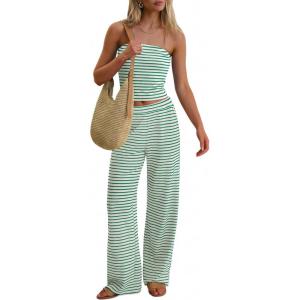 image:imageANRABESS Women 2 Piece Sets Summer Striped Outfits Matching Tube Top Wide Leg Lounge Pants 2026 Travel Beach Vacation ClothesBeige Green Stripe