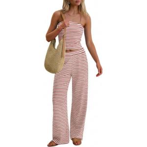 image:imageANRABESS Women 2 Piece Sets Summer Striped Outfits Matching Tube Top Wide Leg Lounge Pants 2026 Travel Beach Vacation ClothesBeige Red Stripe