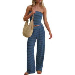image:imageANRABESS Women 2 Piece Sets Summer Striped Outfits Matching Tube Top Wide Leg Lounge Pants 2026 Travel Beach Vacation ClothesBlue Green Stripe