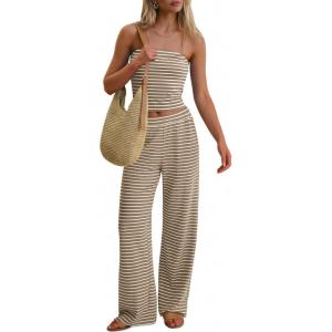 image:imageANRABESS Women 2 Piece Sets Summer Striped Outfits Matching Tube Top Wide Leg Lounge Pants 2026 Travel Beach Vacation ClothesBrown White Stripe