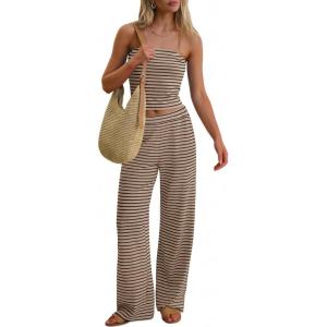 image:imageANRABESS Women 2 Piece Sets Summer Striped Outfits Matching Tube Top Wide Leg Lounge Pants 2026 Travel Beach Vacation ClothesKhaki Coffee Stripe