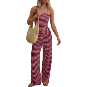 image:imageANRABESS Women 2 Piece Sets Summer Striped Outfits Matching Tube Top Wide Leg Lounge Pants 2026 Travel Beach Vacation ClothesWine Red Pink Stripe