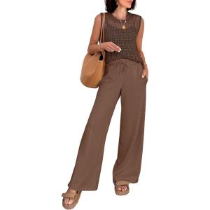 image:imageANRABESS Women 2 Piece Summer Outfits 2026 Crochet Sweater Vest Wide Leg Pants Lounge Matching Sets Travel Vacation ClothesBrown