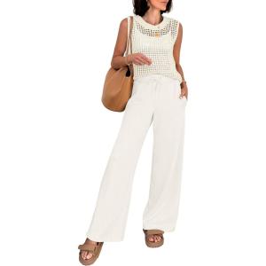 image:imageANRABESS Women 2 Piece Summer Outfits 2026 Crochet Sweater Vest Wide Leg Pants Lounge Matching Sets Travel Vacation ClothesCreamy White