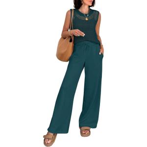 image:imageANRABESS Women 2 Piece Summer Outfits 2026 Crochet Sweater Vest Wide Leg Pants Lounge Matching Sets Travel Vacation ClothesDark Teal
