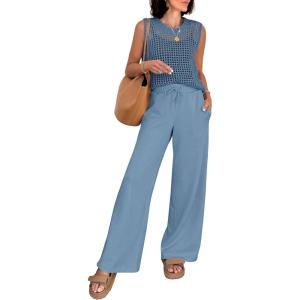 image:imageANRABESS Women 2 Piece Summer Outfits 2026 Crochet Sweater Vest Wide Leg Pants Lounge Matching Sets Travel Vacation ClothesDusty Blue