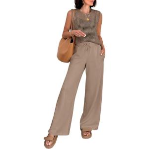 image:imageANRABESS Women 2 Piece Summer Outfits 2026 Crochet Sweater Vest Wide Leg Pants Lounge Matching Sets Travel Vacation ClothesLight Brown