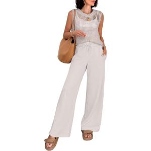 image:imageANRABESS Women 2 Piece Summer Outfits 2026 Crochet Sweater Vest Wide Leg Pants Lounge Matching Sets Travel Vacation ClothesLight Khaki