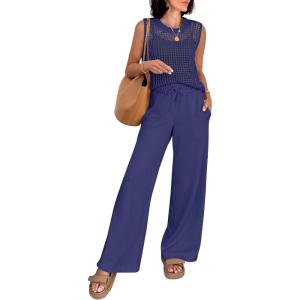 image:imageANRABESS Women 2 Piece Summer Outfits 2026 Crochet Sweater Vest Wide Leg Pants Lounge Matching Sets Travel Vacation ClothesNavy Blue