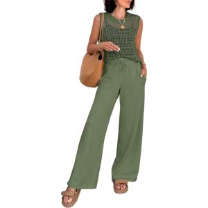 image:imageANRABESS Women 2 Piece Summer Outfits 2026 Crochet Sweater Vest Wide Leg Pants Lounge Matching Sets Travel Vacation ClothesOlive Green