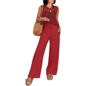 image:imageANRABESS Women 2 Piece Summer Outfits 2026 Crochet Sweater Vest Wide Leg Pants Lounge Matching Sets Travel Vacation ClothesRed