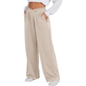image:imageANRABESS Women Asymmetric High Waist Wide Straight Leg Sweatpants with Pockets 2024 Fall Trendy Sweat Jogger PantsAlmond