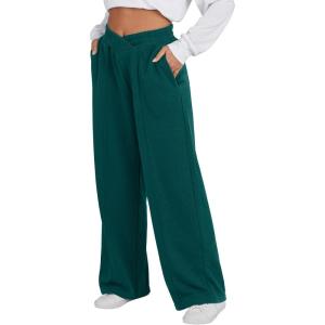image:imageANRABESS Women Asymmetric High Waist Wide Straight Leg Sweatpants with Pockets 2024 Fall Trendy Sweat Jogger PantsGreen