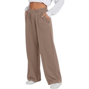 image:imageANRABESS Women Asymmetric High Waist Wide Straight Leg Sweatpants with Pockets 2024 Fall Trendy Sweat Jogger PantsLight Brown