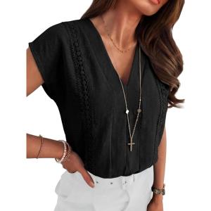 image:imageANRABESS Women Dressy Tops Short Sleeve Casual Blouses V Neck Lace Trim Summer Boho Shirts 2026 Spring Trendy ClothesBlack