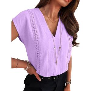 image:imageANRABESS Women Dressy Tops Short Sleeve Casual Blouses V Neck Lace Trim Summer Boho Shirts 2026 Spring Trendy ClothesLight Purple