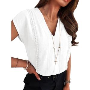image:imageANRABESS Women Dressy Tops Short Sleeve Casual Blouses V Neck Lace Trim Summer Boho Shirts 2026 Spring Trendy ClothesWhite