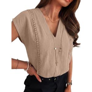 image:imageANRABESS Women Dressy Tops Short Sleeve Casual Blouses V Neck Lace Trim Summer Boho Shirts 2026 Spring Trendy ClothesYellow Khaki