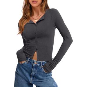 image:imageANRABESS Women Long Sleeve Button Down Shirts Ribbed Knit Slim Fitted Crop Tops 2026 Fall Y2K Dressy Casual Trendy OutfitsDeep Grey
