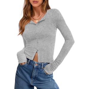 image:imageANRABESS Women Long Sleeve Button Down Shirts Ribbed Knit Slim Fitted Crop Tops 2026 Fall Y2K Dressy Casual Trendy OutfitsGrey