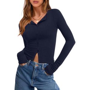 image:imageANRABESS Women Long Sleeve Button Down Shirts Ribbed Knit Slim Fitted Crop Tops 2026 Fall Y2K Dressy Casual Trendy OutfitsNavy Blue