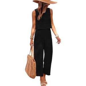 image:imageANRABESS Women Lounge Sets 2 Piece Outfits Summer Sleeveless Crop Tops Capri Wide Leg Pants Vacation Beach Travel SetsBlack