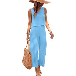 image:imageANRABESS Women Lounge Sets 2 Piece Outfits Summer Sleeveless Crop Tops Capri Wide Leg Pants Vacation Beach Travel SetsBright Blue