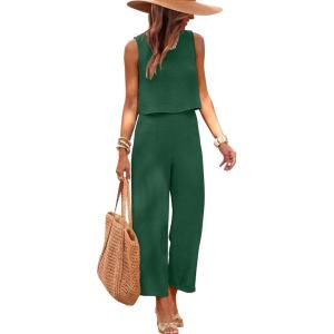 image:imageANRABESS Women Lounge Sets 2 Piece Outfits Summer Sleeveless Crop Tops Capri Wide Leg Pants Vacation Beach Travel SetsDark Green