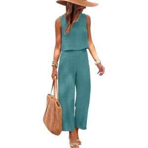 image:imageANRABESS Women Lounge Sets 2 Piece Outfits Summer Sleeveless Crop Tops Capri Wide Leg Pants Vacation Beach Travel SetsLake