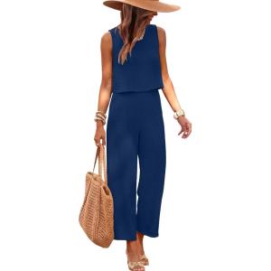 image:imageANRABESS Women Lounge Sets 2 Piece Outfits Summer Sleeveless Crop Tops Capri Wide Leg Pants Vacation Beach Travel SetsNavy Blue