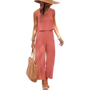 image:imageANRABESS Women Lounge Sets 2 Piece Outfits Summer Sleeveless Crop Tops Capri Wide Leg Pants Vacation Beach Travel SetsOrange Red