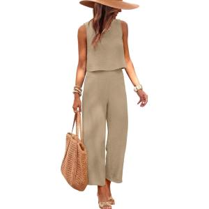 image:imageANRABESS Women Lounge Sets 2 Piece Outfits Summer Sleeveless Crop Tops Capri Wide Leg Pants Vacation Beach Travel SetsYellow Khaki