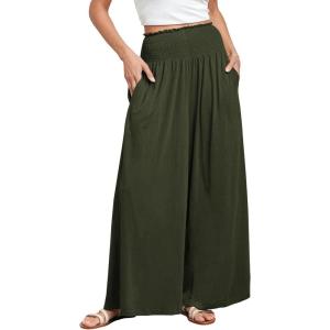 image:imageANRABESS Women Palazzo Pants Summer Boho Bagyy Wide Leg High Smocked Waist Casual Loose Lounge Pant with PocketArmy Green
